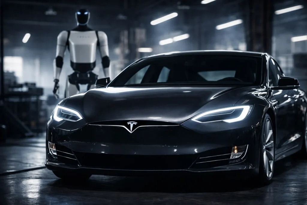 Une Tesla Model S noire avec un robot Tesla Optimus derrière