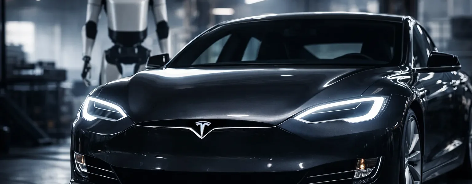 Une Tesla Model S noire avec un robot Tesla Optimus derri&egrave;re