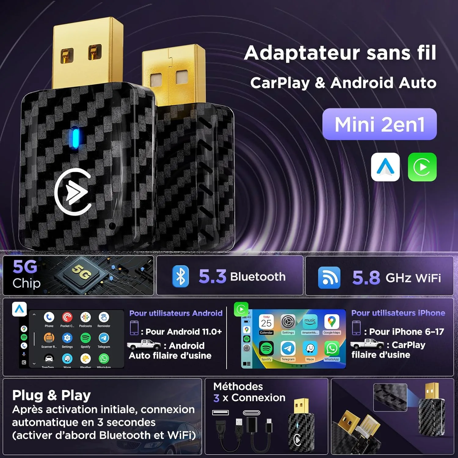 Les 5 meilleurs adaptateurs CarPlay Android Auto sans fil 2026