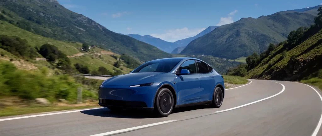 Un Tesla Model Y bleu roule sur une route de montagne.